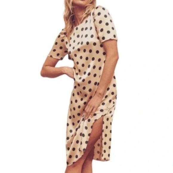 Revolve Dress Forum Los Angeles Vici Call Me Maybe Peach Polka Dot Midi Dress - Picture 2 of 8